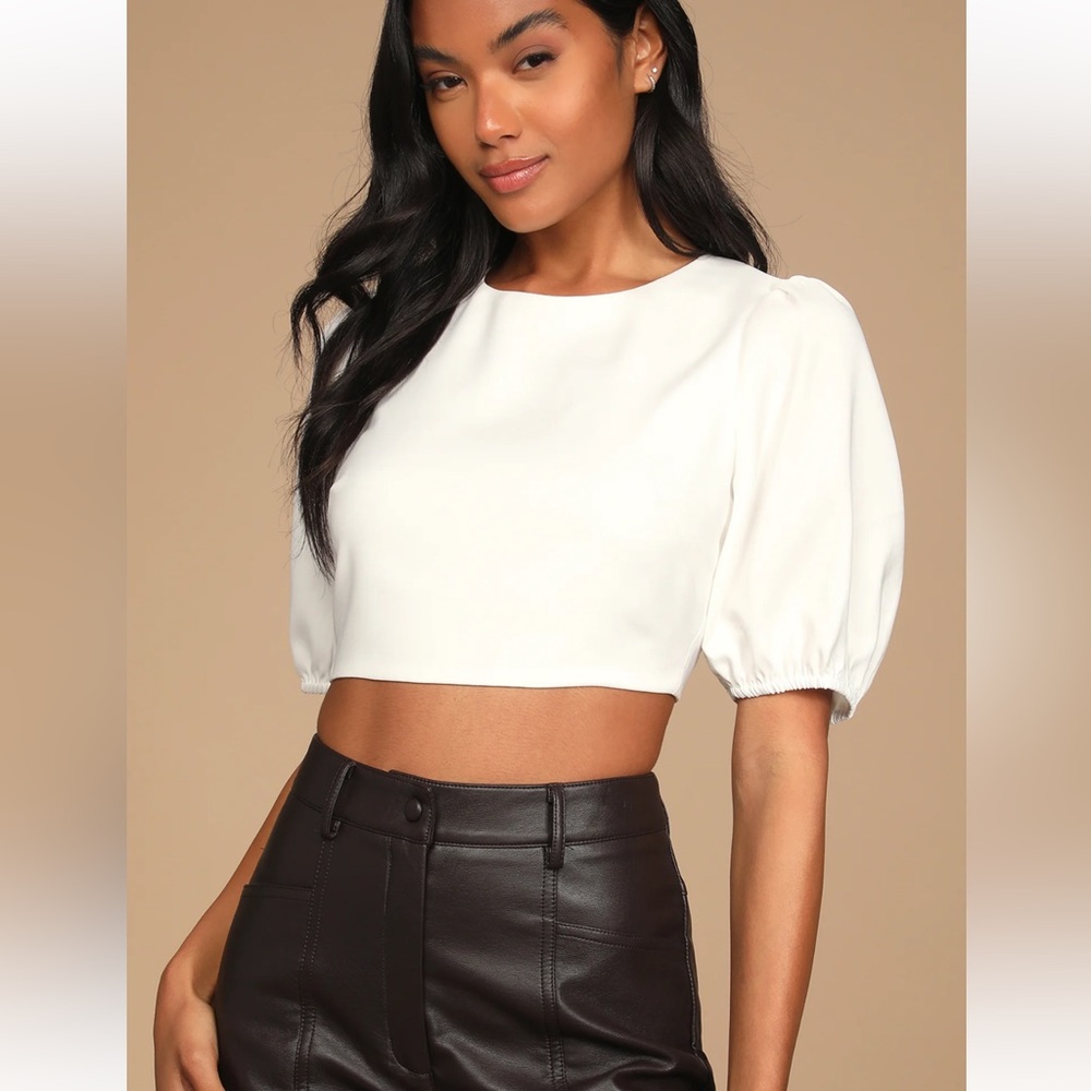 Lulu’s Ivory Short Sleeve Puff Lace Up Crop Top